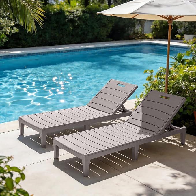 Greesum 2-Pack Adjustable Chaise Lounges, Light Coffee | 5-Pos Recline, Waterproof PP, UV/Fade-Resist, Easy-Clean, Patio/Pool/Beach, Tool-Free