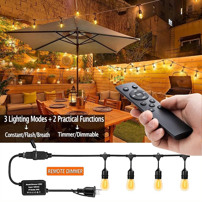 1Pack 150ft Outdoor String Lights with Remote Patio Lights 45+3 Bulbs | String lights for outside, 3 Lighting Modes&Dimmable&Timer