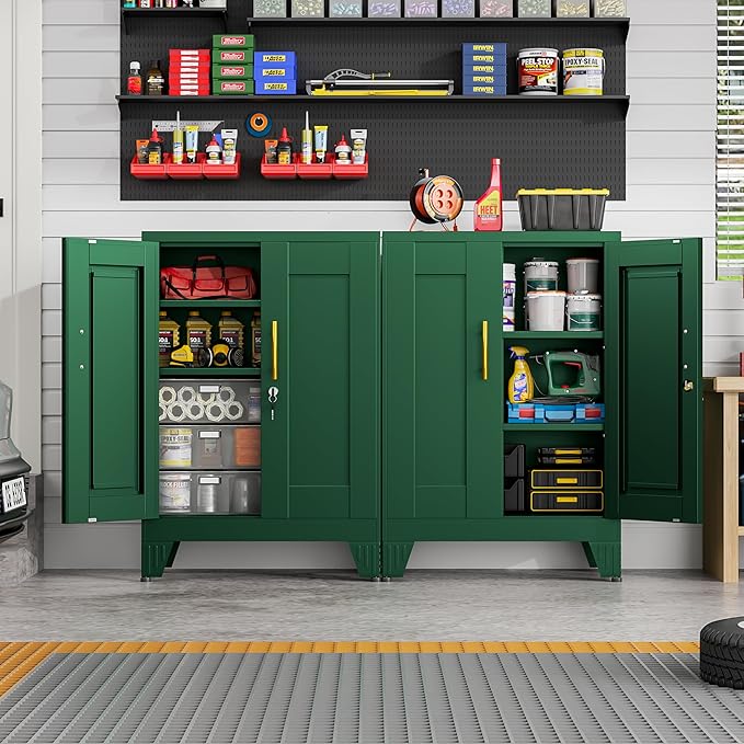 GAIOUS Green Metal Pantry Cabinet (Two Units), Sideboard Buffet Storage Cabient with Doors and 2 Adjustable Shelves, Multifunctional Kitchen Cupboard for Home Office, Accent Furniture, Buffet Table