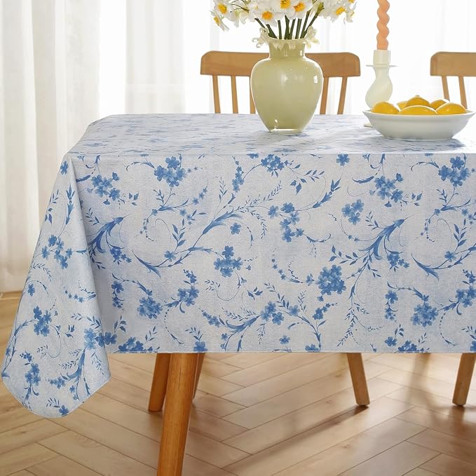 Vinyl Tablecloth with Flannel Backing for Rectangle Tables 60 x 84 Inch | Waterproof Non Slip Floral Plastic Tablecloth, Heavy Duty Table Cover for Dining, Party, Indoor, Outdoor, Blue
