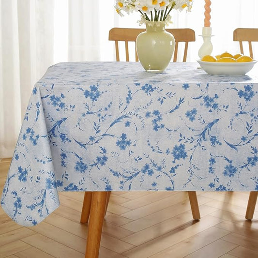 Vinyl Tablecloth with Flannel Backing for Rectangle Tables 60 x 84 Inch | Waterproof Non Slip Floral Plastic Tablecloth, Heavy Duty Table Cover for Dining, Party, Indoor, Outdoor, Blue