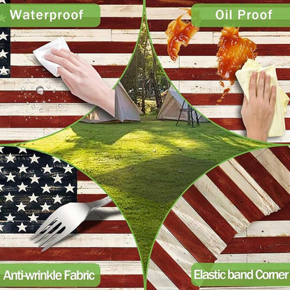 JAWO Fitted Picnic Table and Bench Cover, Vintage American Flag Pledge of Allegiance Print Waterproof Elastic Picnic Tablecloth for Outdoor Patio Camping Backyard Park, 30X72inch