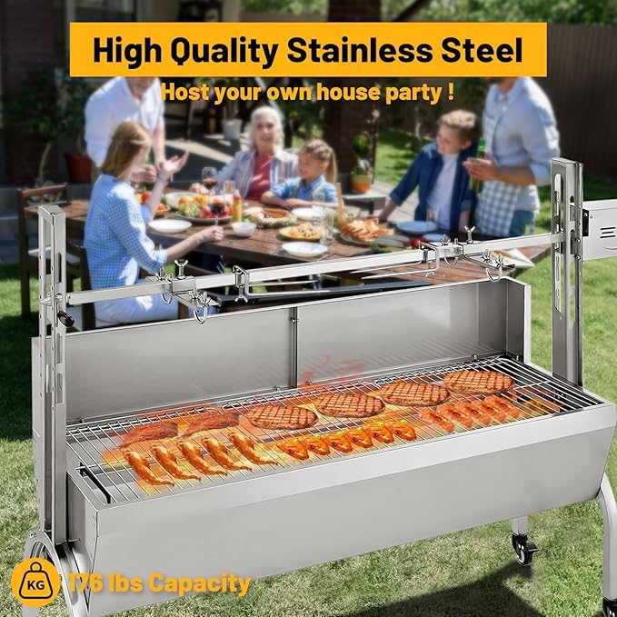 Rotisserie Grill with Back Cover Guard, 25W Motor 55 Inch Stainless Steel Small Pig Lamb Rotisserie Roaster, BBQ Charcoal Rotisserie Grill for Camping Party, Outdoor Kitchen (176 LBS/80KG)
