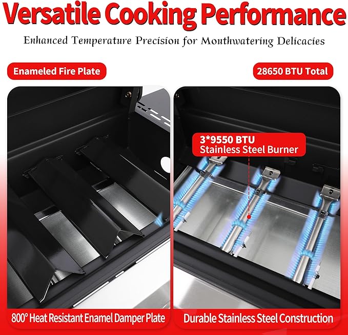 Propane Gas Grill, 3 Burner BBQ Grill with Folding Side Tables, 30,000 BTU Outdoor Grill with Wheels, 252 sq.in Cooking Area, Cast Iron Grates + Stainless Steel Griddle