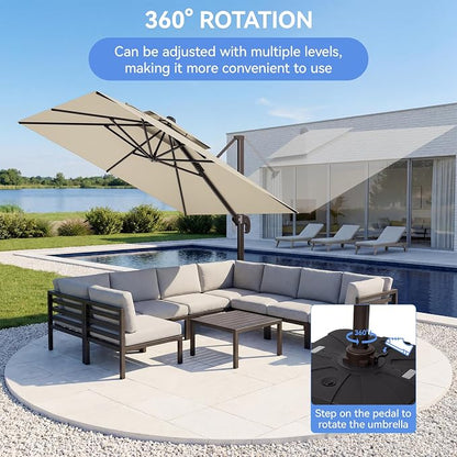 10x10FT Beige Cantilever Outdoor Patio Umbrella with Base, Large Square Offset Design, Double Top Heavy Duty Aluminum Frame & 360° Rotation for Pool Garden Deck Backyard
