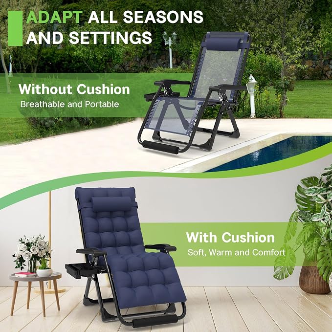 29In XL Zero Gravity Chair, 440LBS with Cushion | Anti Gravity Recliner Lounge Chair with Aluminum Alloy Lock & Footrest, 90-170° Adjustable, for Lawn Patio Indoor Outdoor