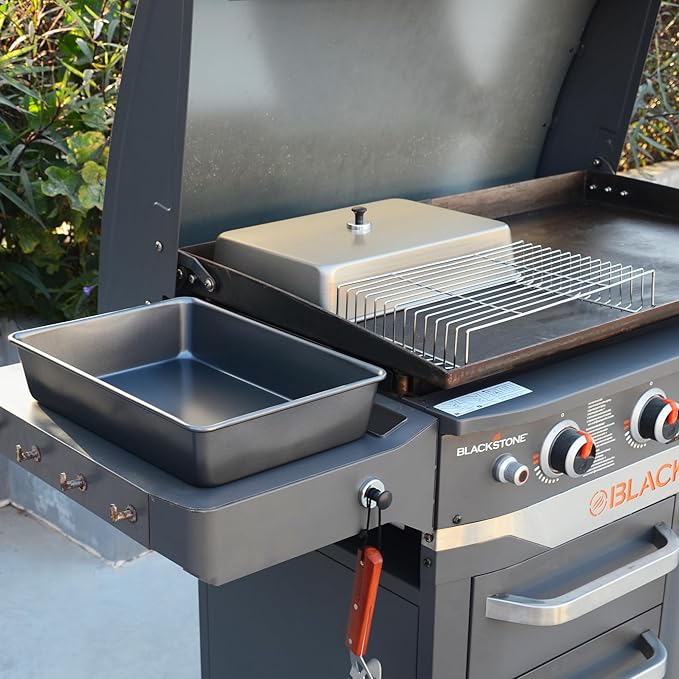 15.5" x 11" Rectangular Melting Dome/Basting Cover/Grill Prep Tray with Nonstick Coating Set of 2, Griddle Warming Rack, Flat Top Grill Accessories Kit for Indoor & Outdoor Cooking, Dishwasher Safe