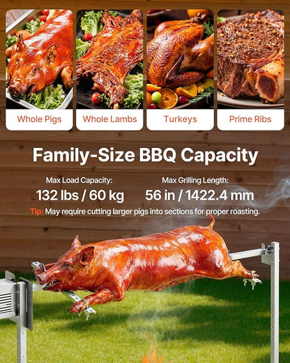VEVOR Rotisserie Grill, 8 Level Height Stainless Steel Electric Rotisserie Grill Kit, 132 lbs Load Capacity BBQ Grills Rotisseries Kit with 38W Motor, Automatic Grilling Kits for Parties