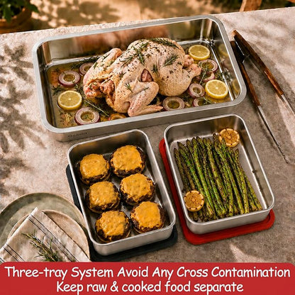 Geesta 5-in-1 Grilling Prep & Serve Tays, Grill Carry System, Stainless Steel BBQ Serving Platter, Marinating Container with Lid & Cutting Board, Outdoor Cooking Grill Accessories, Grilling Gift