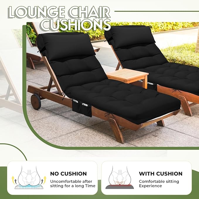 Outdoor Chaise Lounge Chair Cushion, Waterproof Outdoor Chair Cushions for Patio Furniture, 71 x 21 x 4 Inches Replacement Chaise Lounge Cushion with Ties (Black)