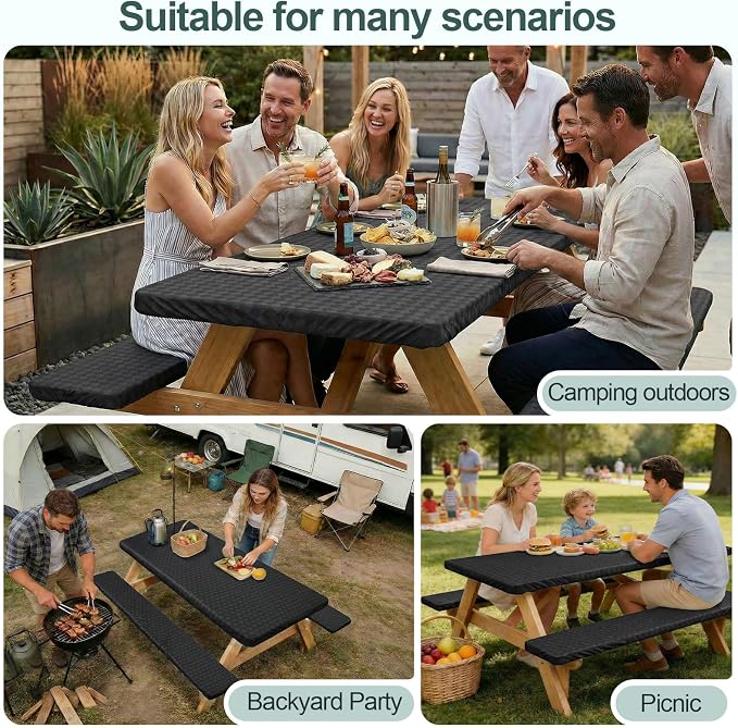 Picnic Table Cover with Bench Covers Camping Essentials Waterproof Windproof Camping Tablecloth with Drawstring Bag, Fitted Rectangle Tables and Seats, 96in, Black