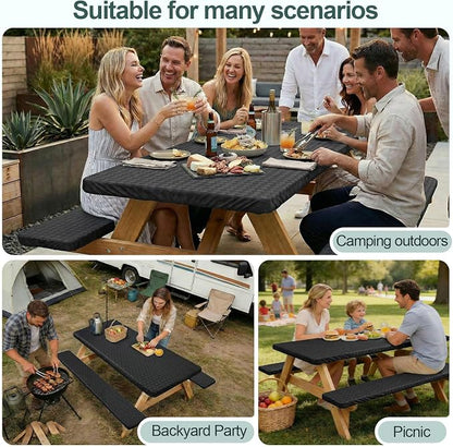 Picnic Table Cover with Bench Covers Camping Essentials Waterproof Windproof Camping Tablecloth with Drawstring Bag, Fitted Rectangle Tables and Seats, 96in, Black