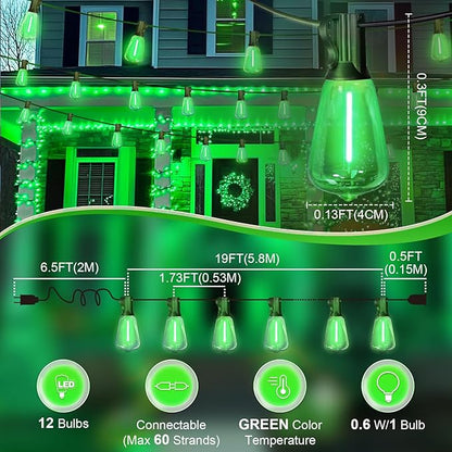LAMPHOME Outdoor String Lights, Green Patio Lights Waterproof 26FT ST38 12+1Shatterproof Connectable LED Edison Bulbs, Hanging Lights for St. Patrick's Day Backyard Garden Porch Christmas Bistro Decor