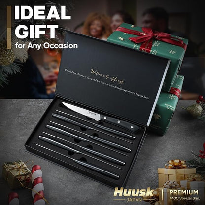 Huusk Steak Knives Set of 8, Sharp Serrated Steak Knives with Full Tang Handle, Japanese Stainless Steel Stake Knife Set for Dinner BBQ Kitchen with Gift Box, Birthday Gifts for Men Women