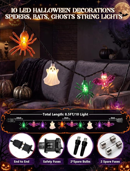 10LED Ghost Bat Spider String Lights, 8.5Ft Halloween Decorations Outdoor | End-to-end Connectable, Waterproof & UL Listed, Plug-in Fairy Lights for Home Window Halloween Party Decor, 2700K Warm White