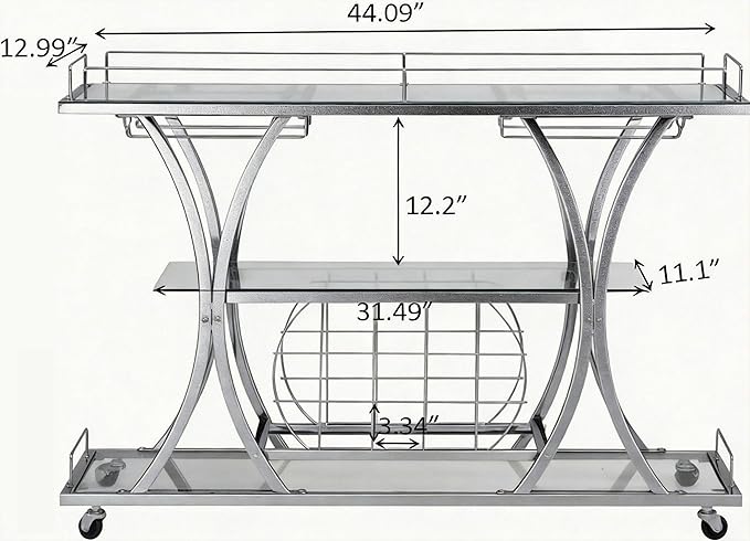Silver Bar Carts with Glass Holders & Wine Rack, 3 Tier Home Bar Serving Carts with Glass Shelves, Metal Rolling Bar Carts for The Home Kitchen, Party