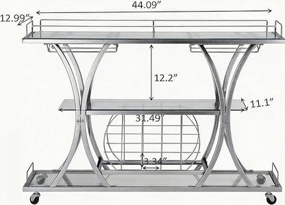 Silver Bar Carts with Glass Holders & Wine Rack, 3 Tier Home Bar Serving Carts with Glass Shelves, Metal Rolling Bar Carts for The Home Kitchen, Party