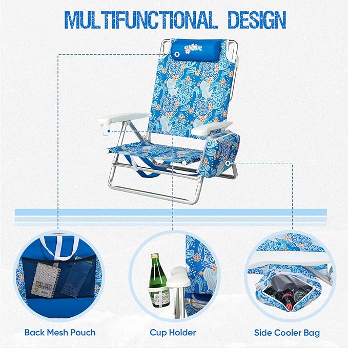 Old Bahama Bay Backpack Beach Chair, Aluminum Lightweight Reclining 5-Position Lounge Chair for Adults Heavy Duty Support 400 LBS Portable Folding with Cooler Bag Camping Chair for Sand Outdoor