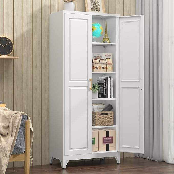 Polup Kitchen Pantry Cabinet, 75" H Metal Storage Cabinet with Doors and Shelves, 4 Standing Feet, Cupboard for Kitchen, Dining, Living Room, 16" D x 32" W x 75" H, White, Assembly Required