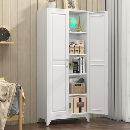 Polup Kitchen Pantry Cabinet, 75" H Metal Storage Cabinet with Doors and Shelves, 4 Standing Feet, Cupboard for Kitchen, Dining, Living Room, 16" D x 32" W x 75" H, White, Assembly Required
