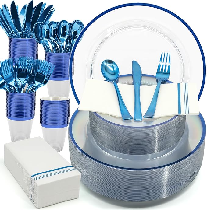 AIRE 175PCS Blue Plastic Plates for Party Supplies Dinnerware Sets for 25 Guests, Disposable Plastic Party Plates Cups Spoons Forks Knives Napkins for Birthday Wedding BBQ Christmas Parties, Blue