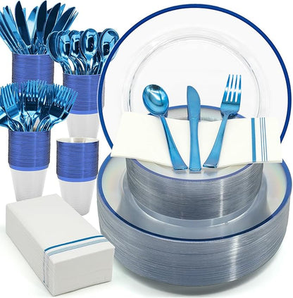 AIRE 175PCS Blue Plastic Plates for Party Supplies Dinnerware Sets for 25 Guests, Disposable Plastic Party Plates Cups Spoons Forks Knives Napkins for Birthday Wedding BBQ Christmas Parties, Blue