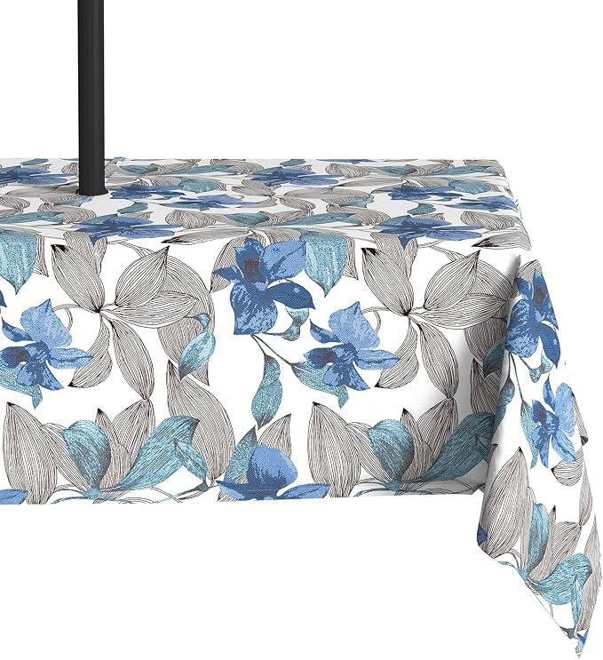 LVTXIII Outdoor Tablecloth with Umbrella Hole and Zipper, 60 x 84 Inch Water-Repellent Patio Table Cloth, Rectangle Table Covers for Backyard Garden, Clemens Noir Blue