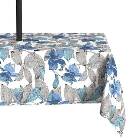 LVTXIII Outdoor Tablecloth with Umbrella Hole and Zipper, 60 x 84 Inch Water-Repellent Patio Table Cloth, Rectangle Table Covers for Backyard Garden, Clemens Noir Blue