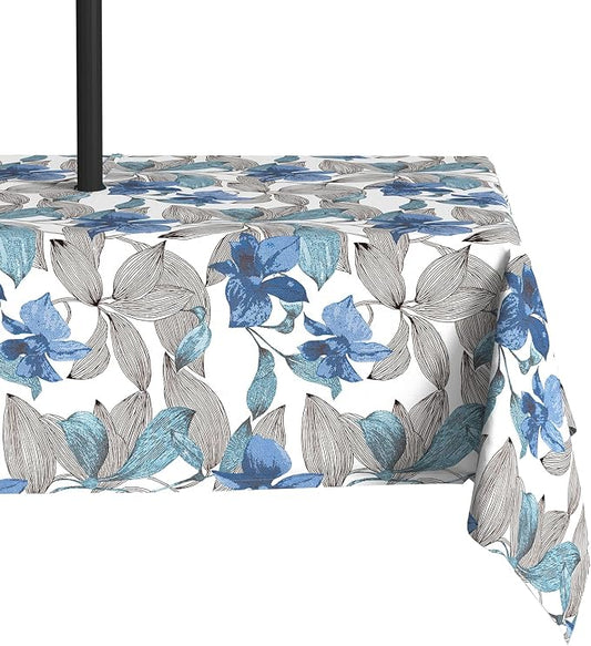 LVTXIII Outdoor Tablecloth with Umbrella Hole and Zipper, 60 x 84 Inch Water-Repellent Patio Table Cloth, Rectangle Table Covers for Backyard Garden, Clemens Noir Blue