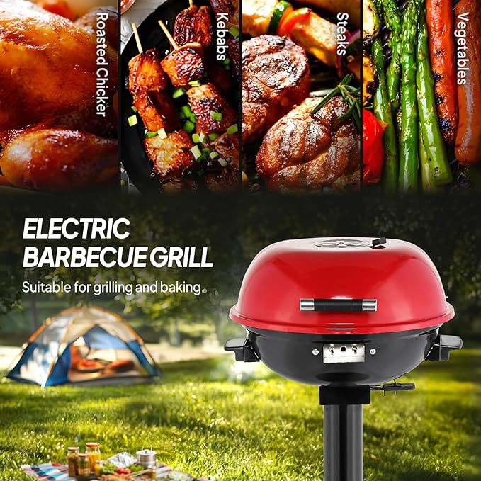 ROVSUN 1600W Vertical Electric Grill with Lid, Red 304 Stainless Steel Grill w/Detachable Pull-out Drip Tray, Double Layer Design, Portable & Removable, for Indoor and Outdoor Use