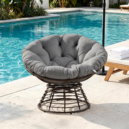 Cushion Papasan Swivel Chair, Ergonomic Wicker Round Chair with Thick Padding, Oversized Swivel Wicker Accent Chairs for Living Room, Bedroom, Reading Room, Balcony, Brown Frame, Gray