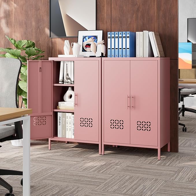 Metal Storage Cabinet with Vented Doors, Metal Sideboard Cabinet with 2 Adjustable Shelves, Freestanding Pink Accent Locker for Home,Dorm, Nursery,Assembly Required