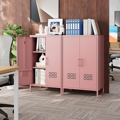 Metal Storage Cabinet with Vented Doors, Metal Sideboard Cabinet with 2 Adjustable Shelves, Freestanding Pink Accent Locker for Home,Dorm, Nursery,Assembly Required