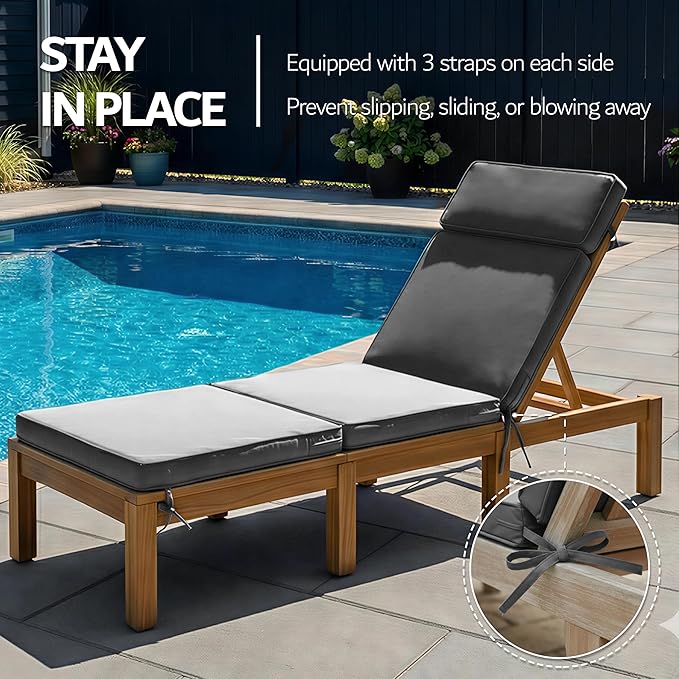 72 x 21 Inch Outdoor Chaise Lounge Cushion - Removable Cover, 4-Section Design, Water-Repellent & Fade-Resistant, 6 Tie Straps, Replacement for Patio & Pool Chairs - Dark Grey