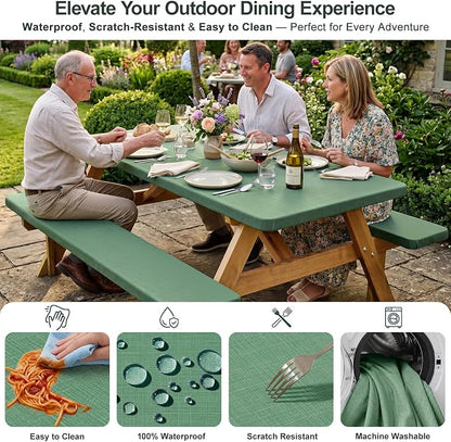 Picnic Table Cover with Bench Covers Windproof Waterproof Picnic Table Covers Camping Tablecloth with Self-Storage Bag, 72in, Sage