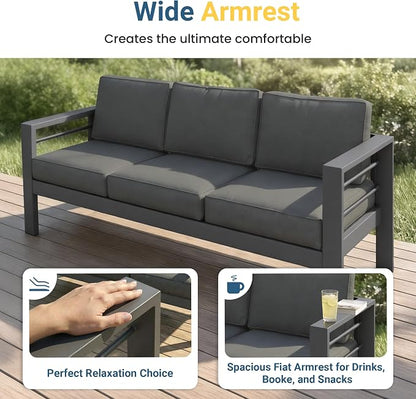 Wisteria Lane Aluminum Outdoor Sofa, 2 Pieces Patio Couch All-Weather Rust-Proof Modern Metal Patio Furniture with 5" Thick Olefin Cushions, Light Grey