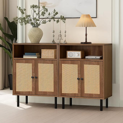 Rattan Storage Cabinet, Boho Accent Cabinet with Double Doors | Small Freestanding Sideboard for Hallway, Laundry Room,Kitchen, Dining Room, Entryway (Walnut)