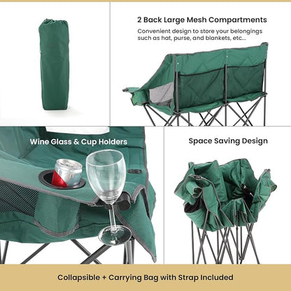 ARROWHEAD OUTDOOR Portable Folding Double Duo Camping Chair Loveseat | 2 Cup & Wine Glass Holder, Carrying Bag, Supports up to 500lbs, Beach, Tailgating, Fishing, Patio, Hunting, Backyard, Picnic