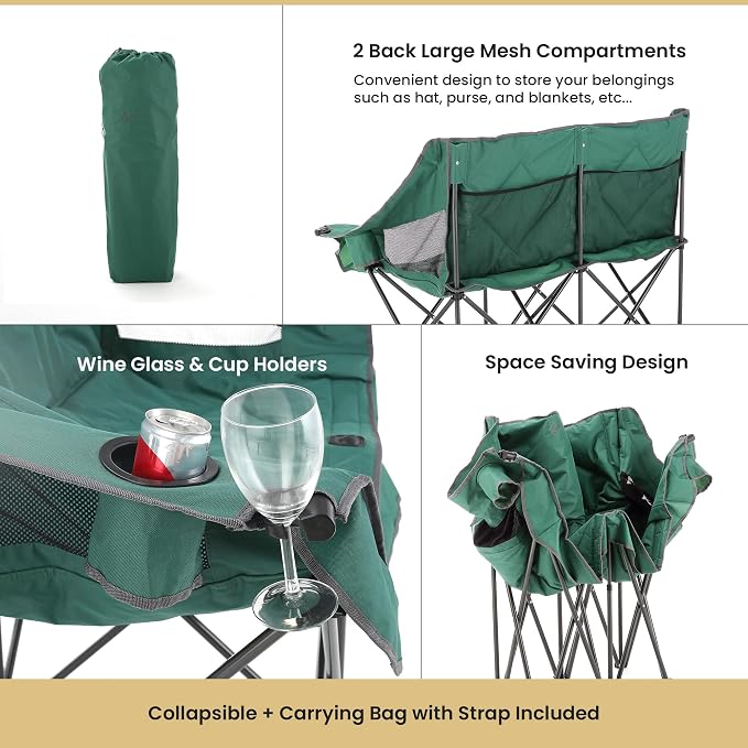 ARROWHEAD OUTDOOR Portable Folding Double Duo Camping Chair Loveseat | 2 Cup and Wine Glass Holder, Carrying Bag, Supports up to 500lbs, Beach, Tailgating, Fishing, Patio, Hunting, Backyard