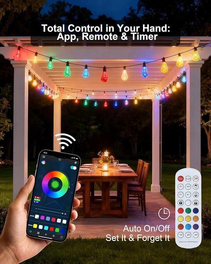 Smart Outdoor String Lights, 50FT RGB Color Changing Patio Lights with Timer, 21-Key RF Remote and Bluetooth, IP65 Waterproof Shatterproof LED Lights for Backyard Balcony Garden Party Decor