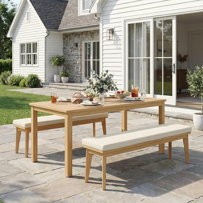Wisteria Lane 3 Pieces Acacia Patio Dining Set for 4 | Patio Dining Table and Chairs Set with Cushion, Modern Outdoor Dining Furniture Set for Deck Lawn Backyard Garden, Beige