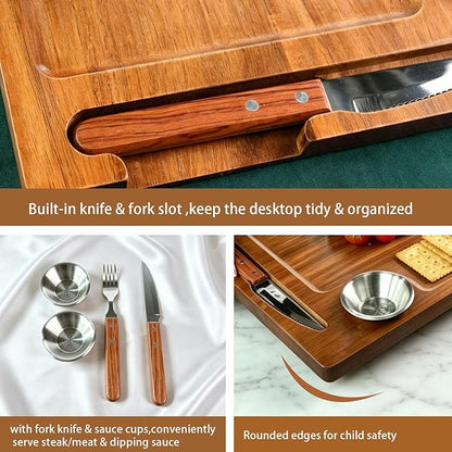 Acacia Wooden Steak Board - Reversible Charcuterie Boards Cutting Board Set with Fork, Knife and 2 SUS304 Ramekins,15.7” Wood Serving Board for Home BBQ,Gift for Women Men(1 Set)