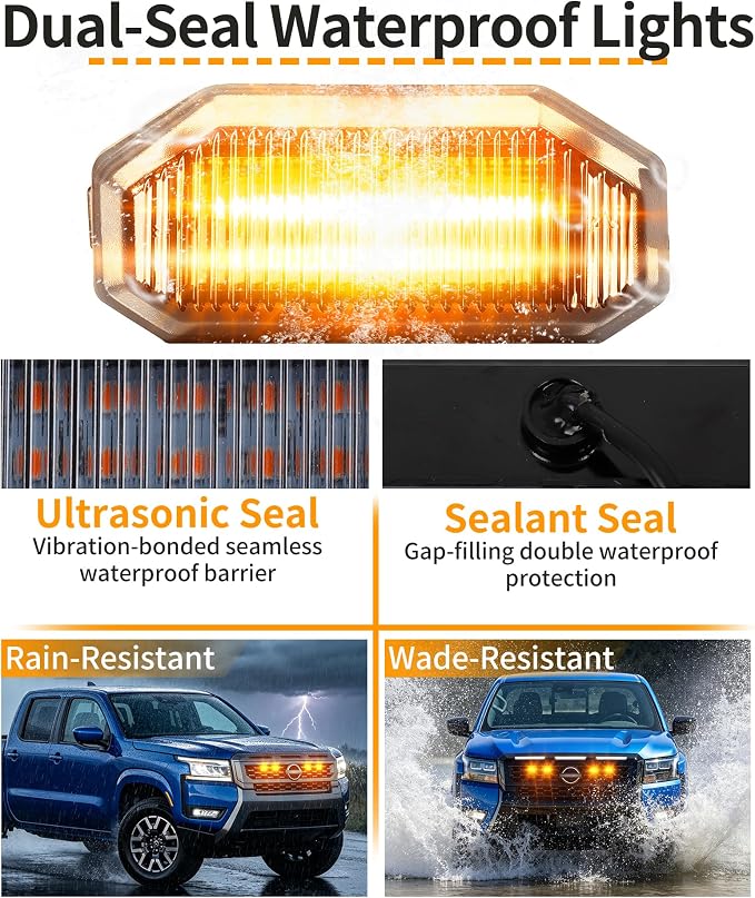 Front Grill Lights for Nissan Frontier 2025-2027 S/SL/SV/Sport Only, Amber | Direct-Snap Installation; OEM-Style Fit; IP68 Waterproof LED; No-Drill Setup; Raptor-Style Front-End Upgrade; Off-Road Ready