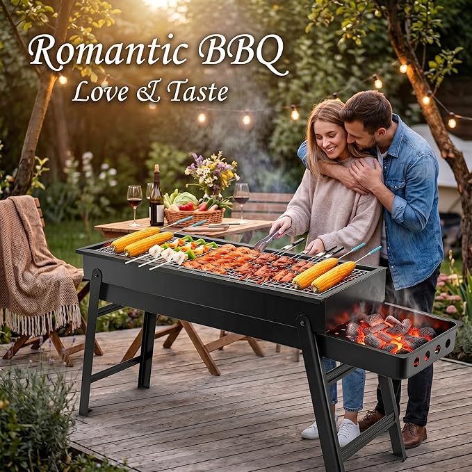 Portable Charcoal Grill, Portable Tabletop BBQ for Outdoor Cooking | Compact Folding Grill for Camping, Hiking, Picnics & Travel | 24”x13”x9” Lightweight Smoky Flavor Grill