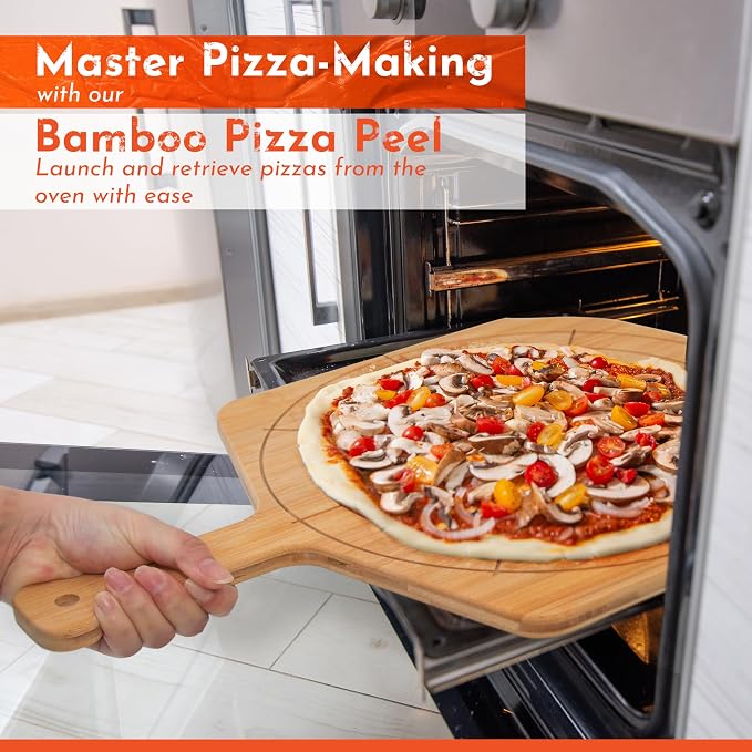 Wooden Pizza Peel 12 Inch Board with Engraved Sizes - Multi-Purpose Bamboo Pizza Cutting Board, Wood Pizza Peel, Pizza Spatula Paddle, and Serving Board with Size and Cutting Guide
