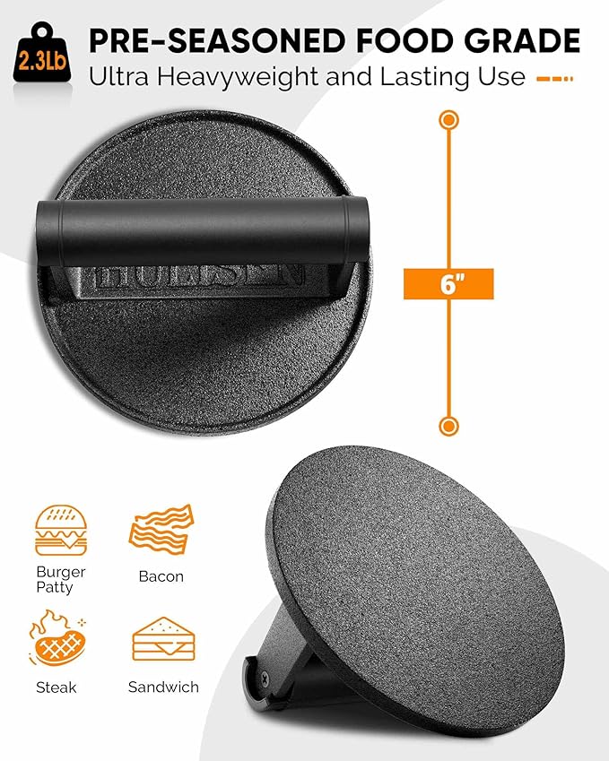 HULISEN Pre-Seasoned Cast Iron Burger Press, Heavy Duty 6” Burger Smasher for Griddle with Heat Resistant Handle, Grill Press for Hamburger, Bacon, Meat, Steak, Patty, Barbecue Grilling Tool, 2.3lb