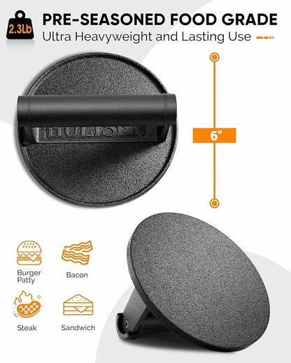 HULISEN Pre-Seasoned Cast Iron Burger Press, Heavy Duty 6” Burger Smasher for Griddle with Heat Resistant Handle, Grill Press for Hamburger, Bacon, Meat, Steak, Patty, Barbecue Grilling Tool, 2.3lb
