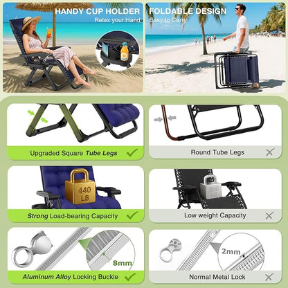 Suteck Zero Gravity Chairs Set of 2, Reclining Camping Chair with Cushion | Anti Gravity Recliner Lounge Chair with Aluminum Alloy Lock & Cup Holder, 90-170° Adjustable, for Lawn Patio Indoor