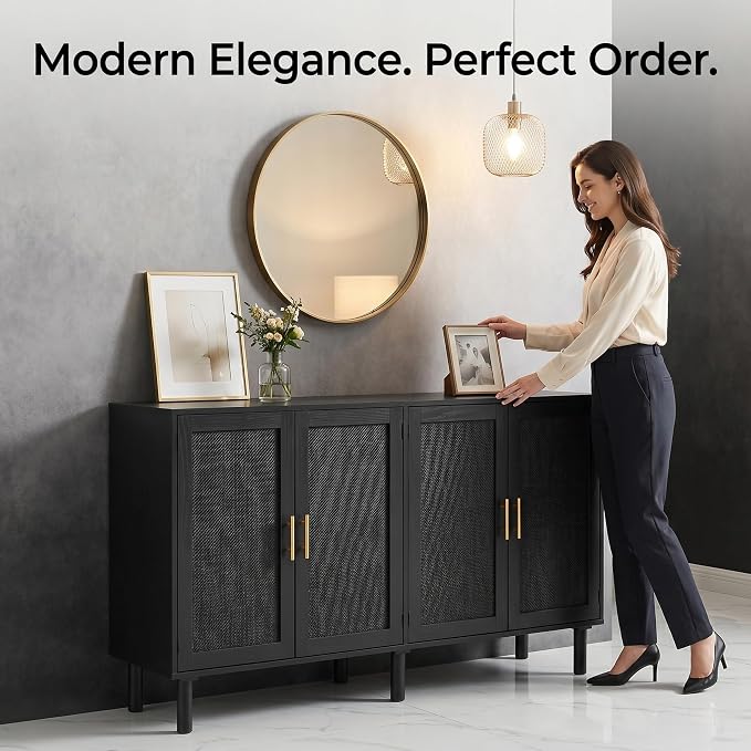 Finnhomy 4 Door Sideboard Buffet Cabinet, Kitchen Storage Buffet with Black Painted Rattan Decorated Doors, Cupboard Console Table, Boho Accent Liquor Cabinet, 62.3X 15.7X 34.6 Inches, Full Black