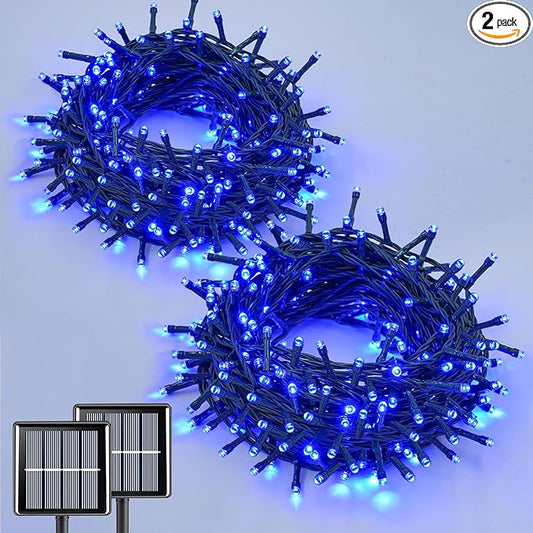 QITONG 2 Pack Blue Solar String Lights, Each 66ft 200 LED Christmas Lights Outdoor Waterproof, 8 Modes Green Wire Solar Twinkle Lights